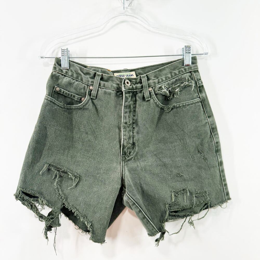 Vintage Guess Cutoff Shorts Green Denim Distressed Destroyed Boho Beach Size 4